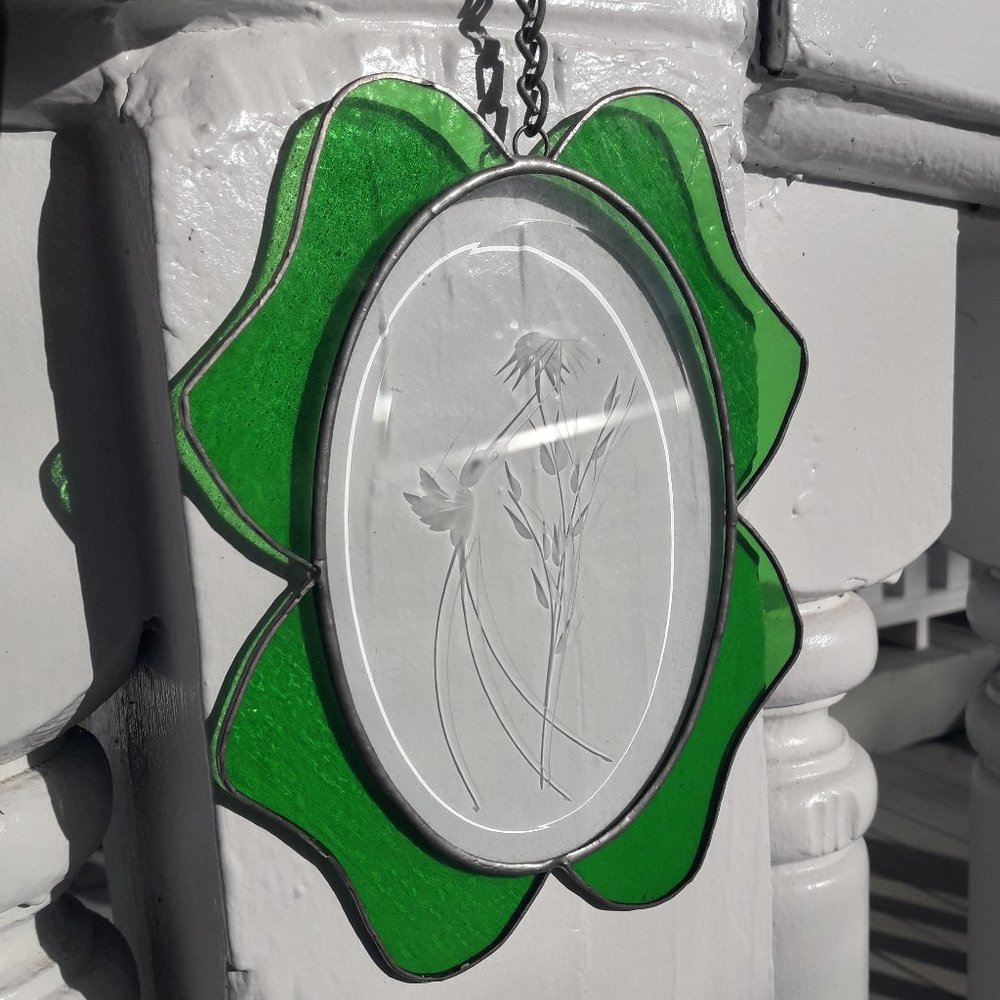 Hummingbird Stained Glass Etched Glass Window Panel Suncatcher Bird Flower